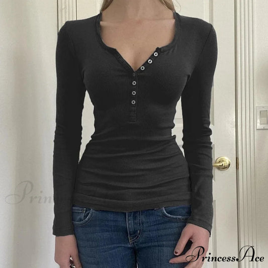 Retro 2000s Simple Crop Top Grunge Button Slim Fit Knit Top Black / S knittop-250126