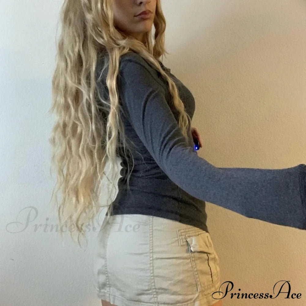 Retro 2000s Simple Crop Top Grunge Button Slim Fit Knit Top knittop-250126