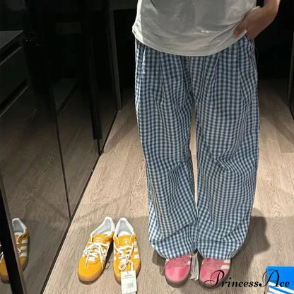 Retro 2000s Tartan Women Informal Loose-Fitting Trousers blue / S pants-241228