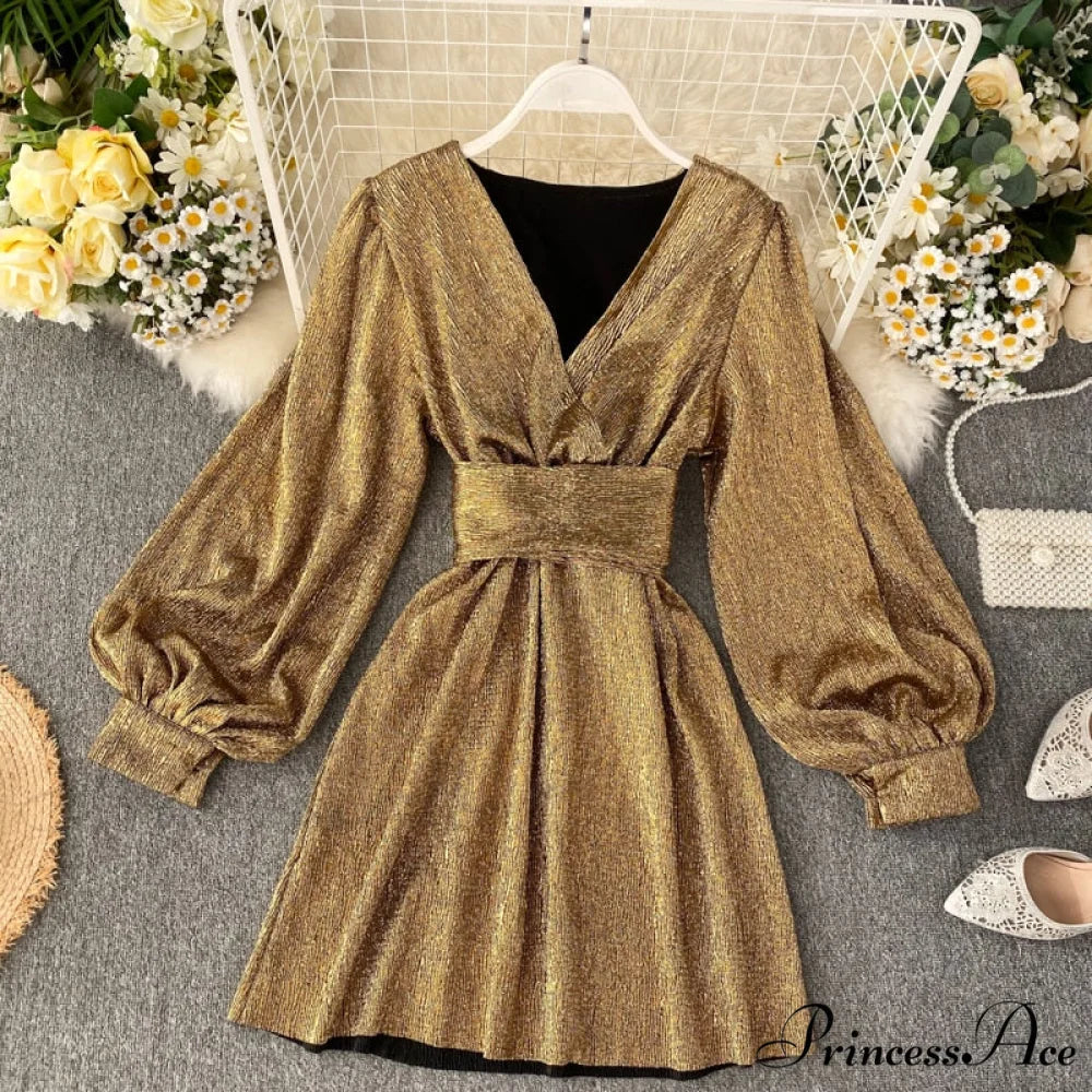 Retro Arm Bright Gold Color Lantern Lace Women’s V-neck Gown Silk GD205 gold / One Size