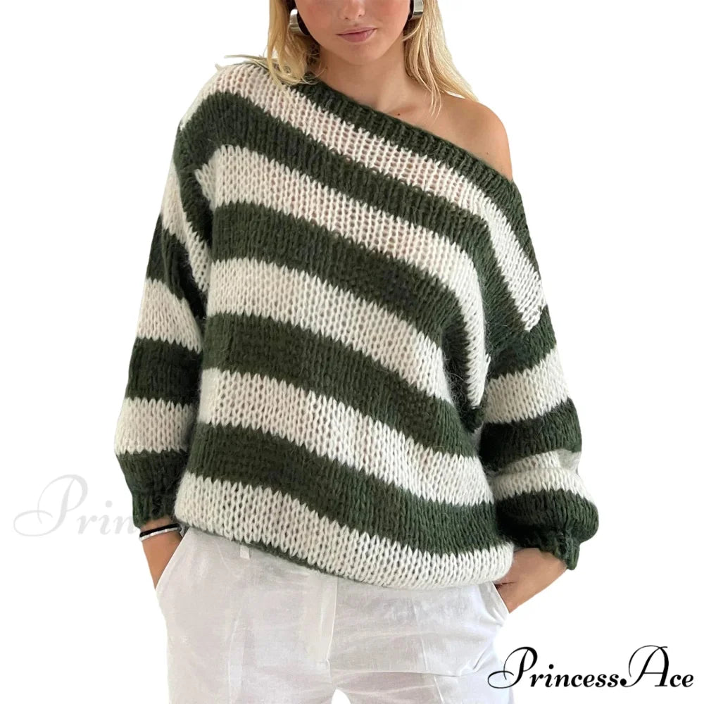 Retro Banded Boat Neck Sweater army green / S swraters-241228