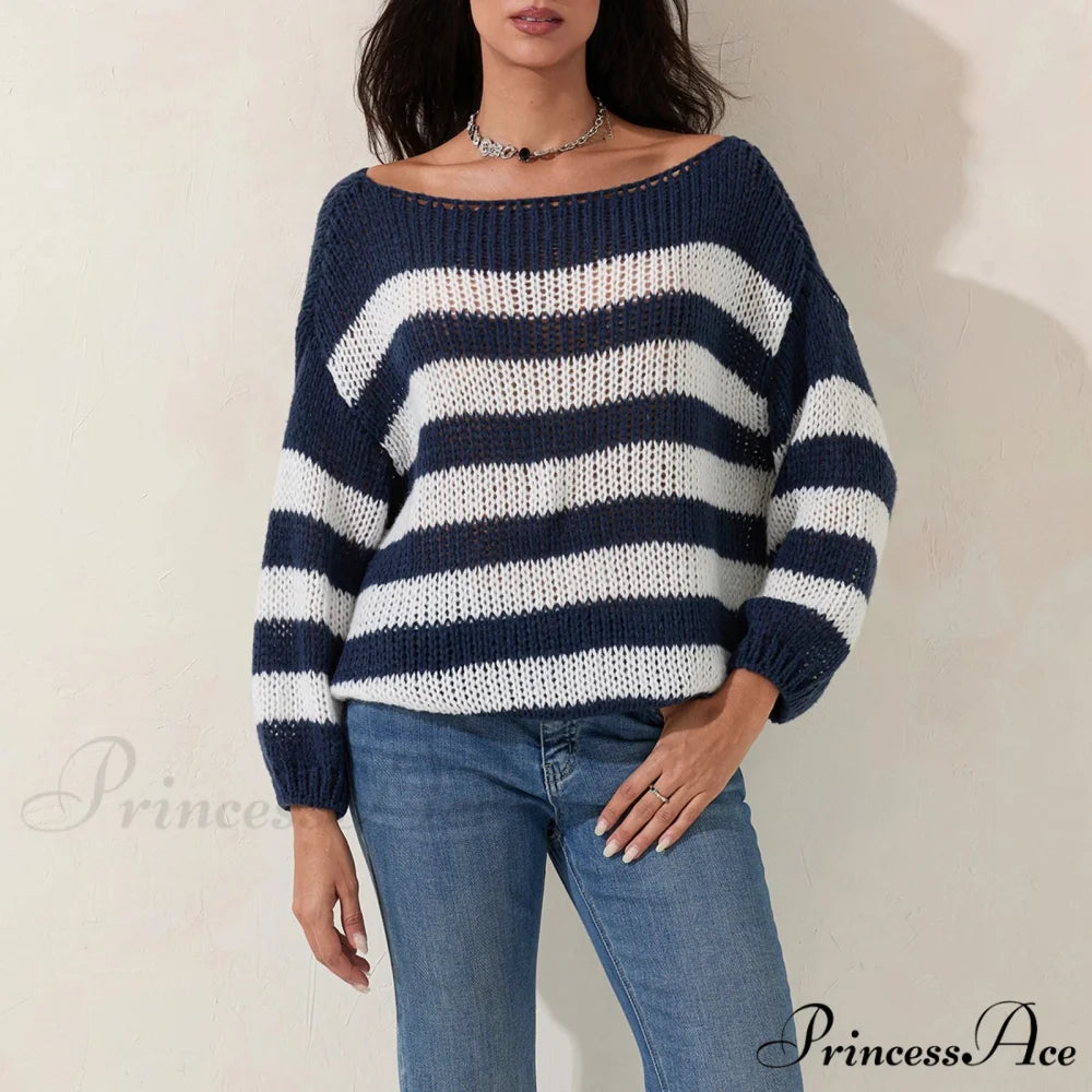 Retro Banded Boat Neck Sweater Blue / S swraters-241228