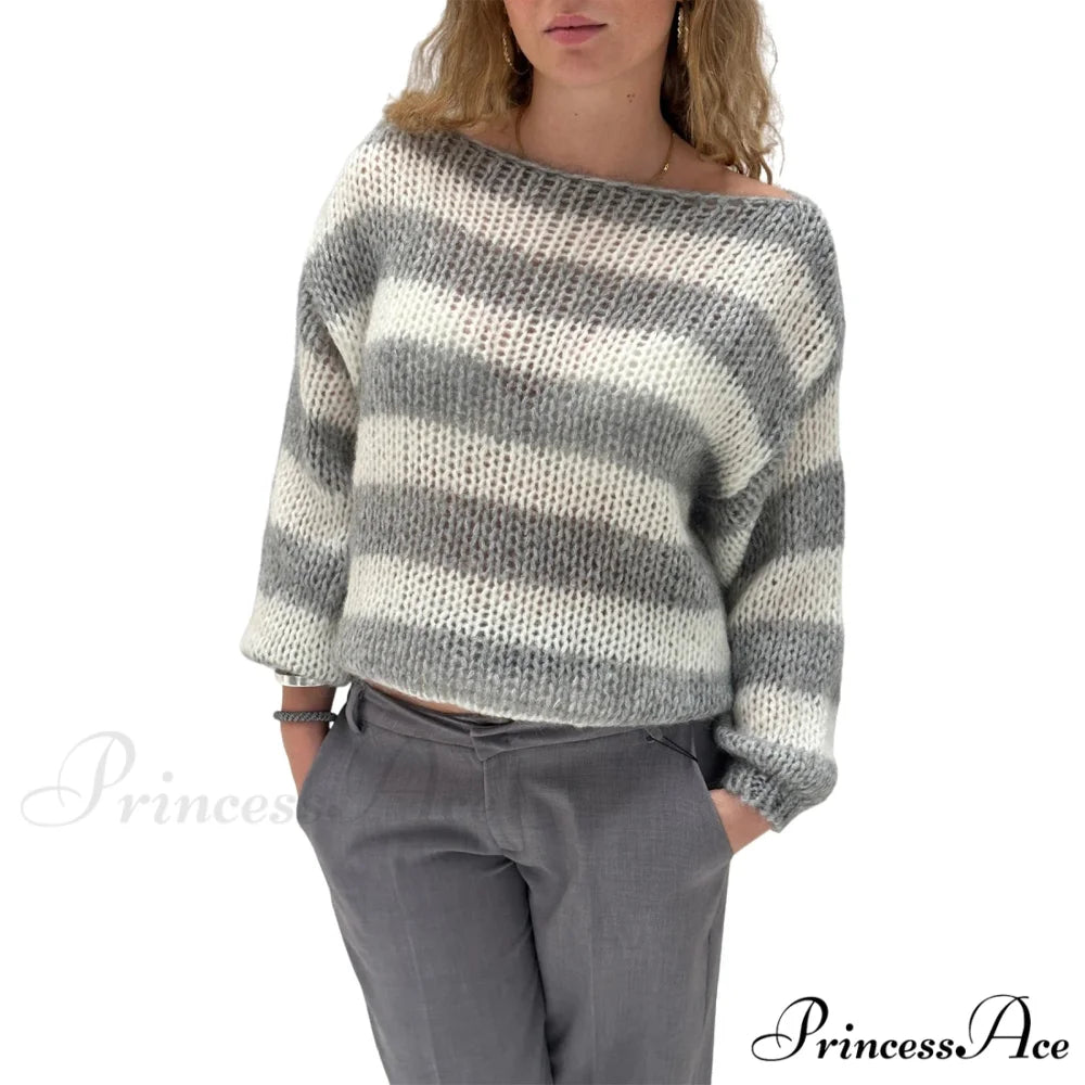 Retro Banded Boat Neck Sweater GRAY / S swraters-241228