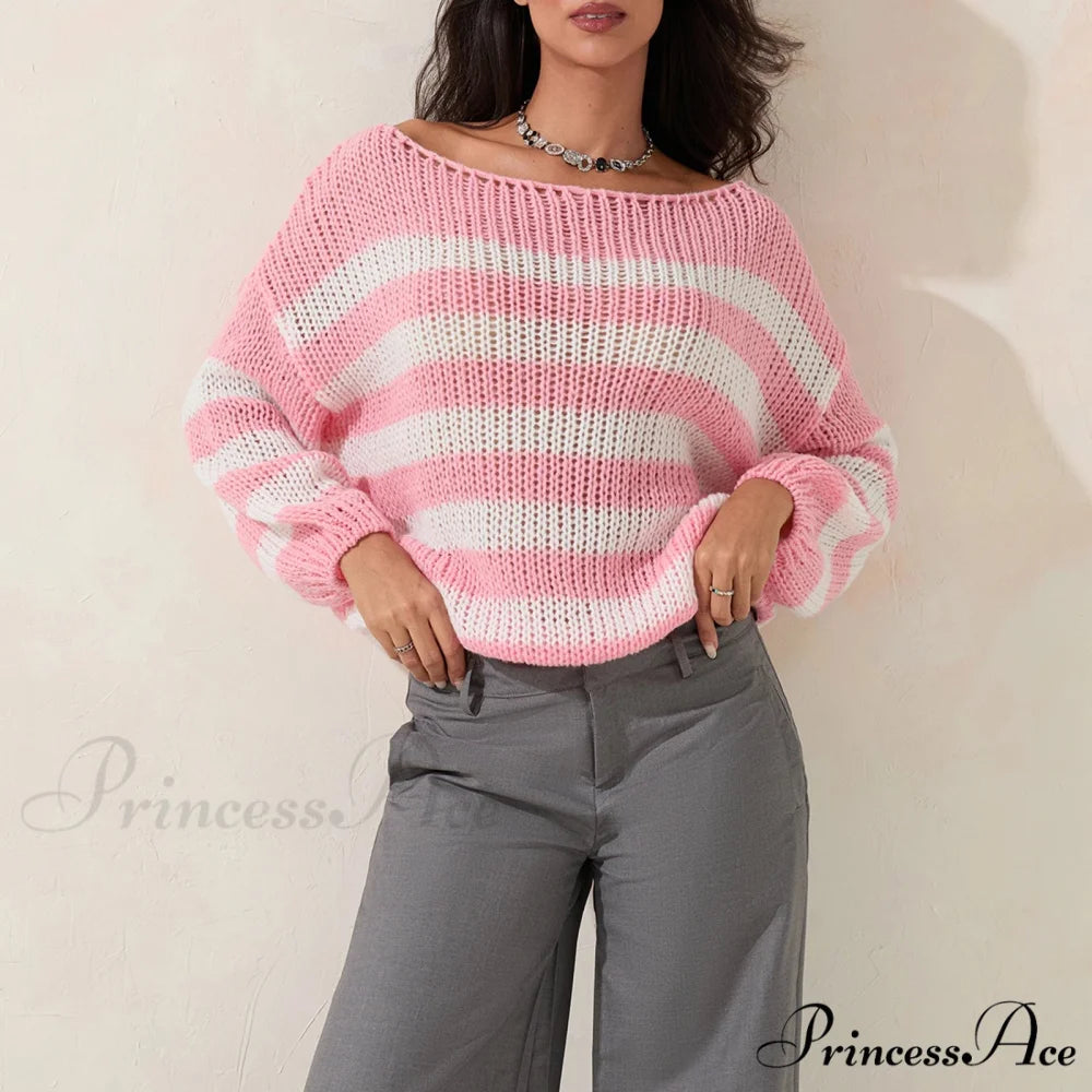 Retro Banded Boat Neck Sweater Pink / S swraters-241228