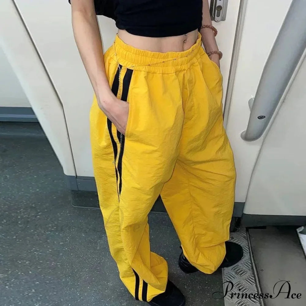 Retro Banded Generous Loose-fitting Jogging Pant Yellow / M pant-250223