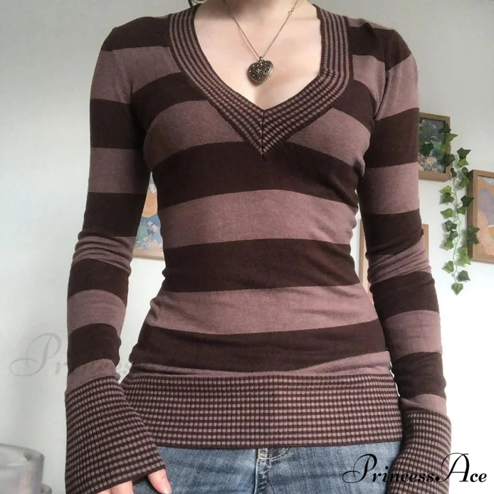 Retro Banded T-shirt V-Neck Extended Sleeve Knit Top Women Dark Brown / S knittop-250126