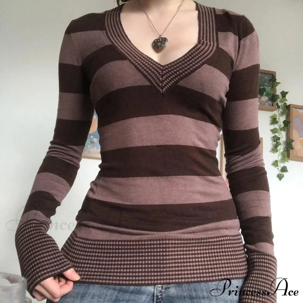Retro Banded T-shirt V-Neck Extended Sleeve Knit Top Women knittop-250126