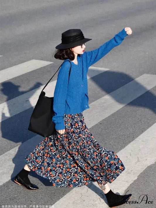 Retro Blossom Pattern High Waist Pleated Skirt skirt-250126