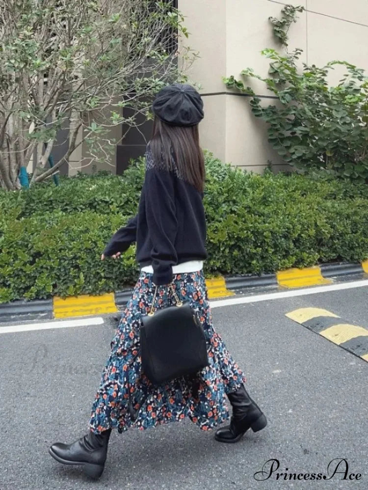 Retro Blossom Pattern High Waist Pleated Skirt skirt-250126