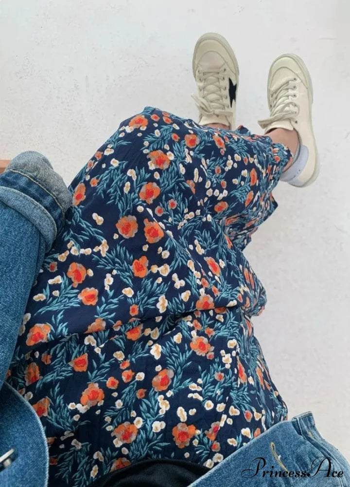 Retro Blossom Pattern High Waist Pleated Skirt skirt-250126