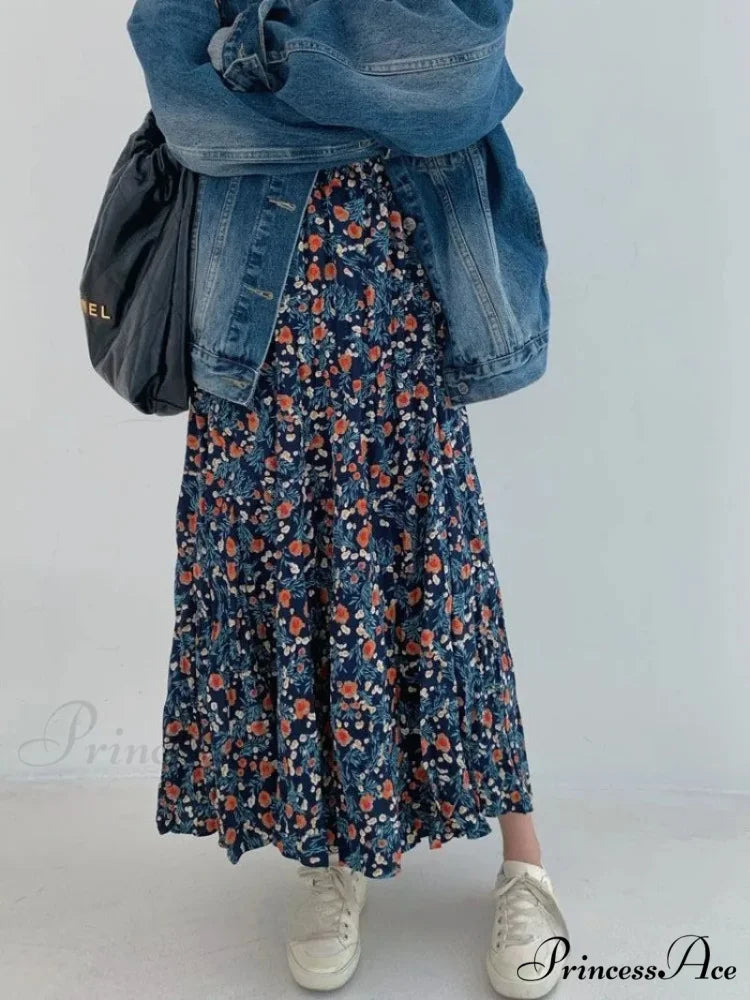 Retro Blossom Pattern High Waist Pleated Skirt Blue / S skirt-250126