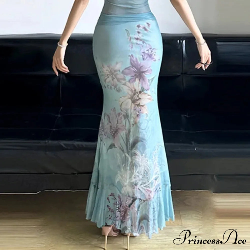 Retro Blossom Pattern Mesh Mermaid Slim Bodycon Y2K Skirt skirt-250126