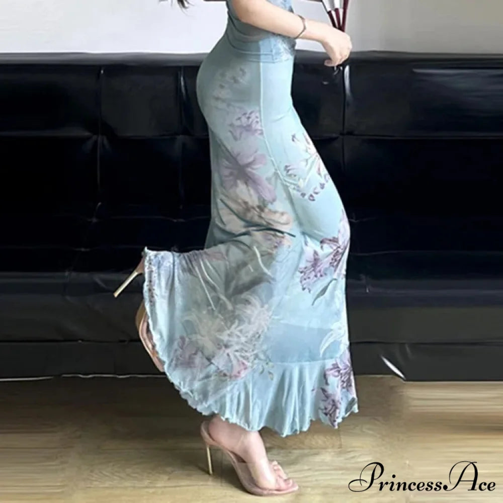 Retro Blossom Pattern Mesh Mermaid Slim Bodycon Y2K Skirt skirt-250126