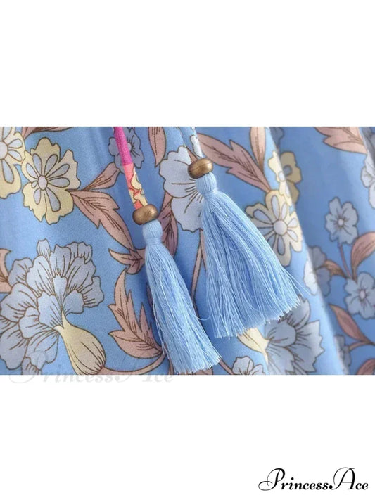 Retro Bohemian Azure Flower Pattern Fringe Shore Skirt Tall Stretchy A-Line skirt-250126