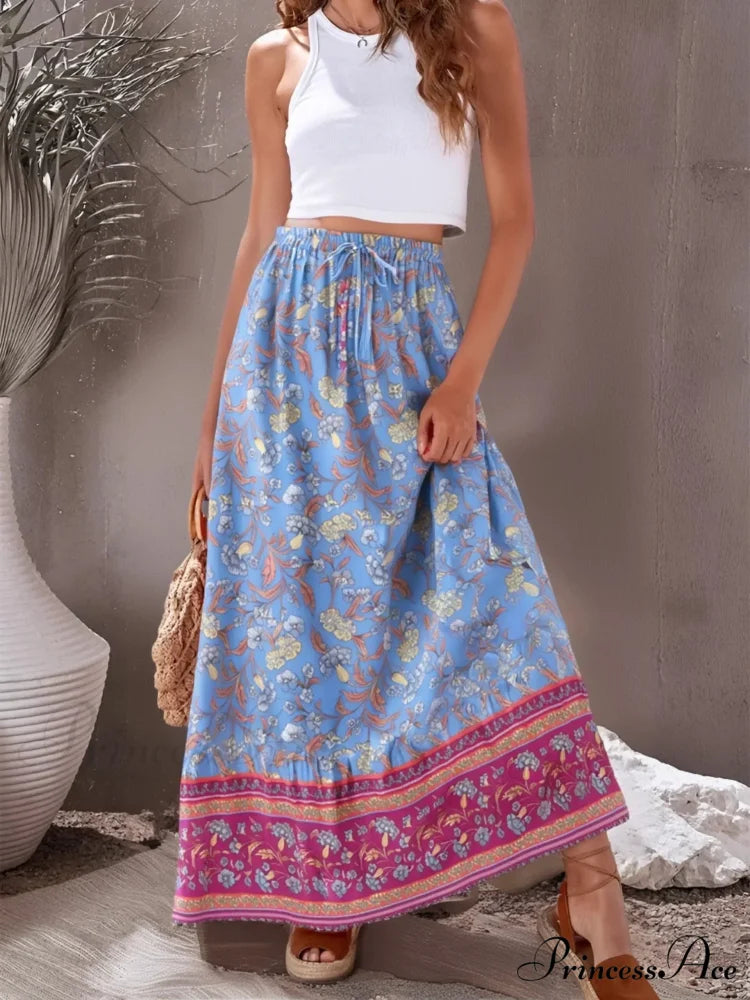 Retro Bohemian Azure Flower Pattern Fringe Shore Skirt Tall Stretchy A-Line light blue / S skirt-250126