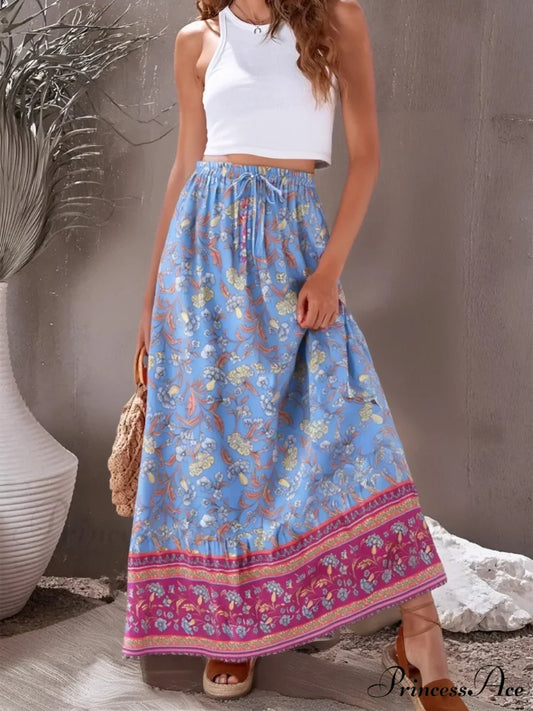 Retro Bohemian Azure Flower Pattern Fringe Shore Skirt Tall Stretchy A-Line light blue / S skirt-250126