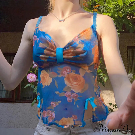 Retro Bow Divided Crop Top Blue / S croptop-250223