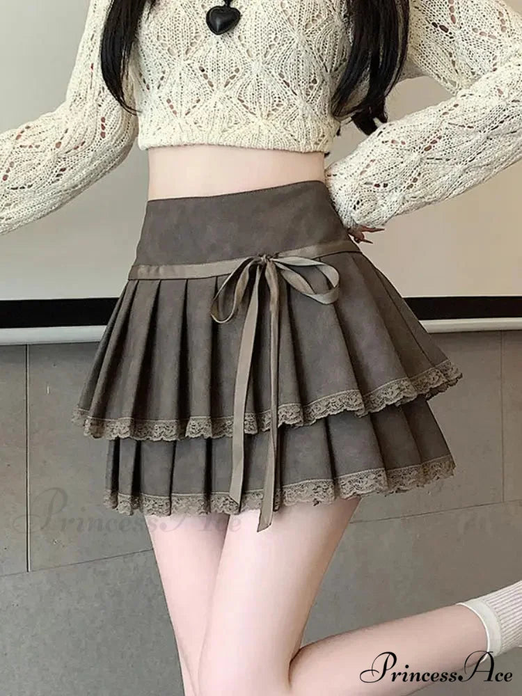 Retro Bow Folded Faux Leather Skirt khaki / S skirts-250223