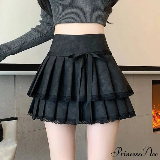 Retro Bow Folded Faux Leather Skirt skirts-250223