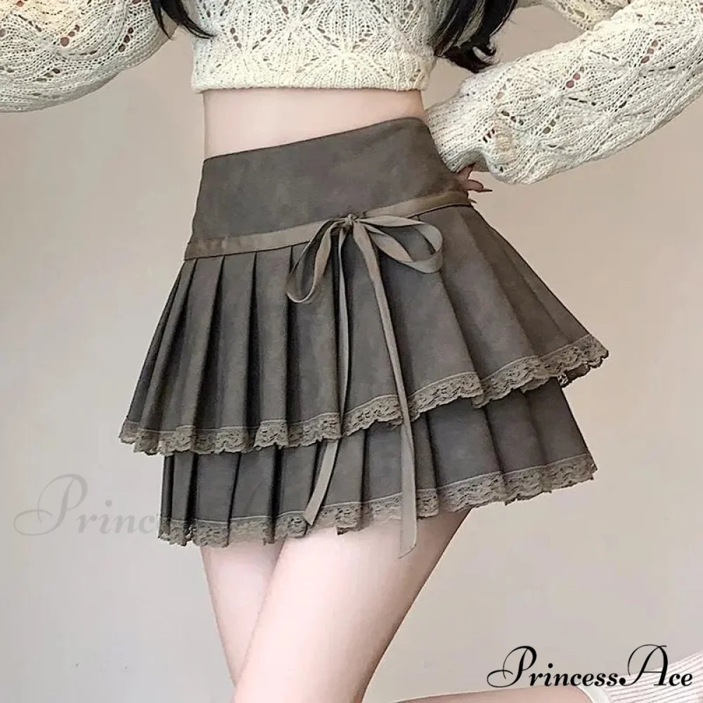 Retro Bow Folded Faux Leather Skirt skirts-250223