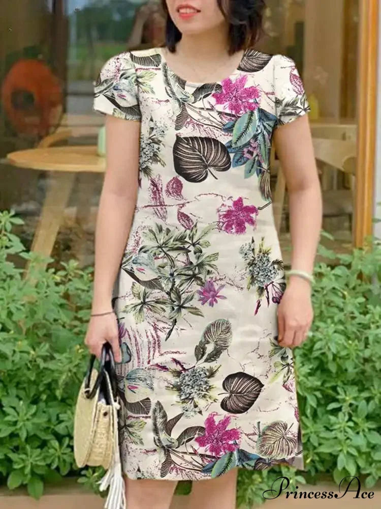 Retro Brief Sleeve Flower Vacation Flower Dress oldfloraldress-250126