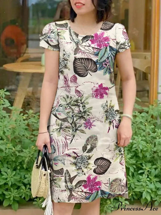 Retro Brief Sleeve Flower Vacation Flower Dress oldfloraldress-250126