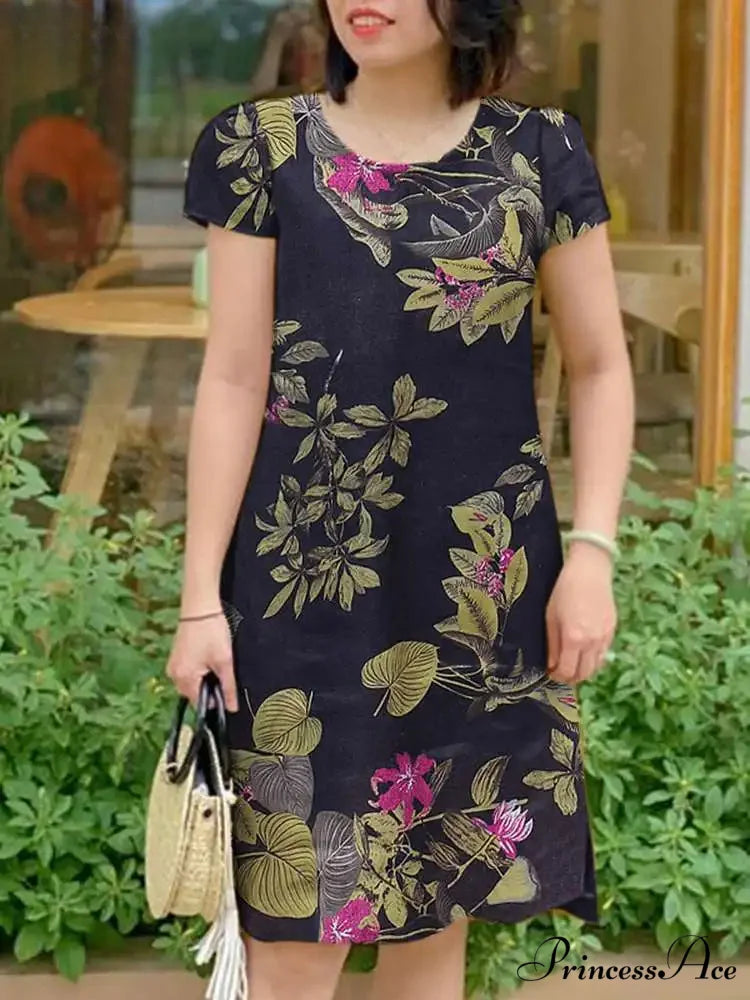 Retro Brief Sleeve Flower Vacation Flower Dress oldfloraldress-250126