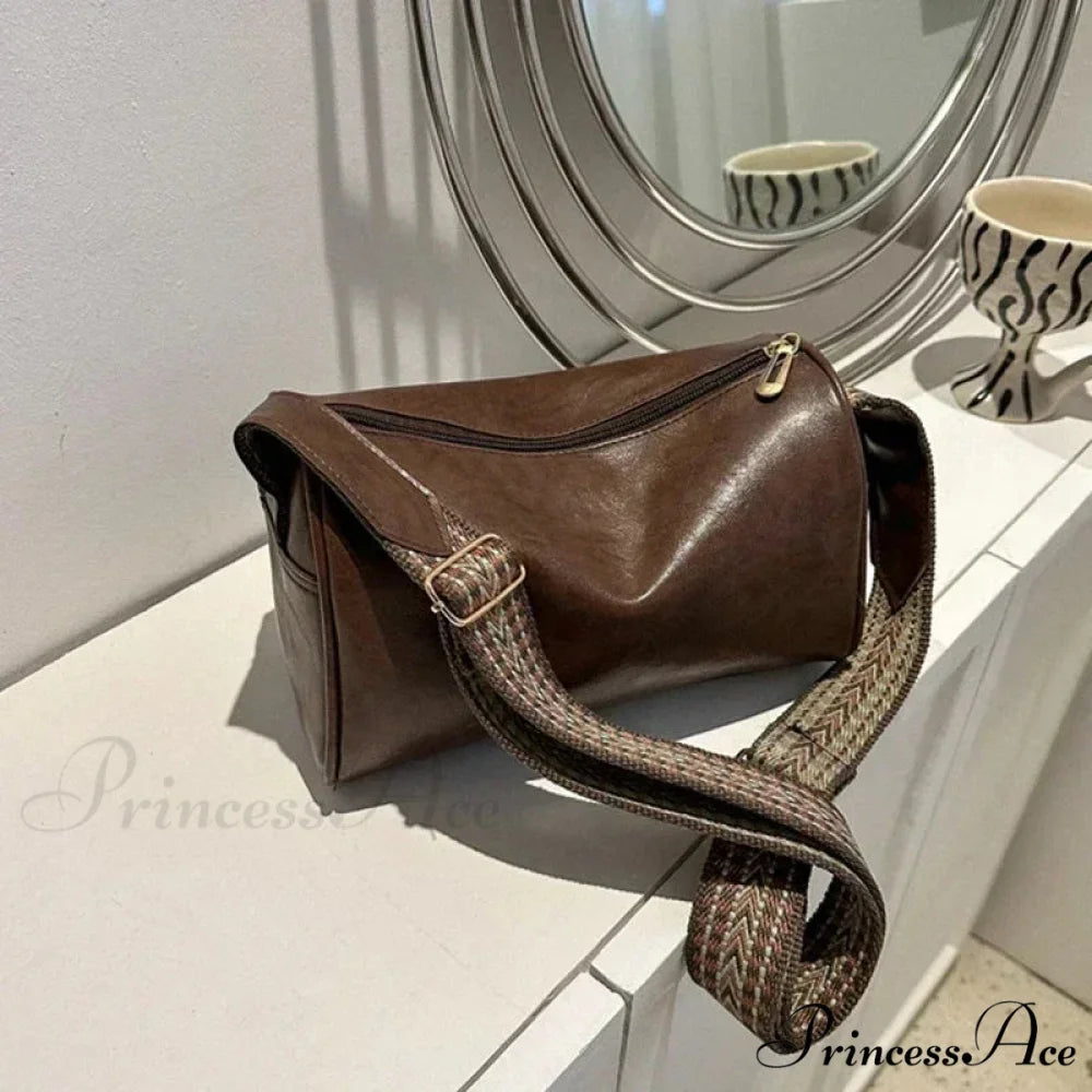 Retro Broad Band Crossbody Shoulder Bag Dark Brown shoulder-250126