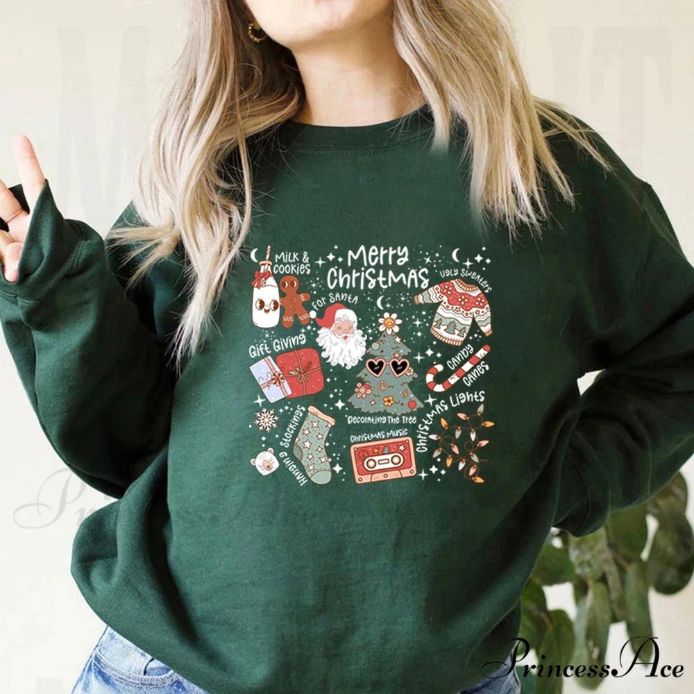 Retro Cheerful Aesthetic Santa Warm Hoodie Dark Green / S