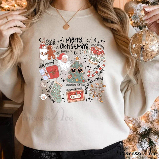 Retro Cheerful Aesthetic Santa Warm Hoodie Khaki / S