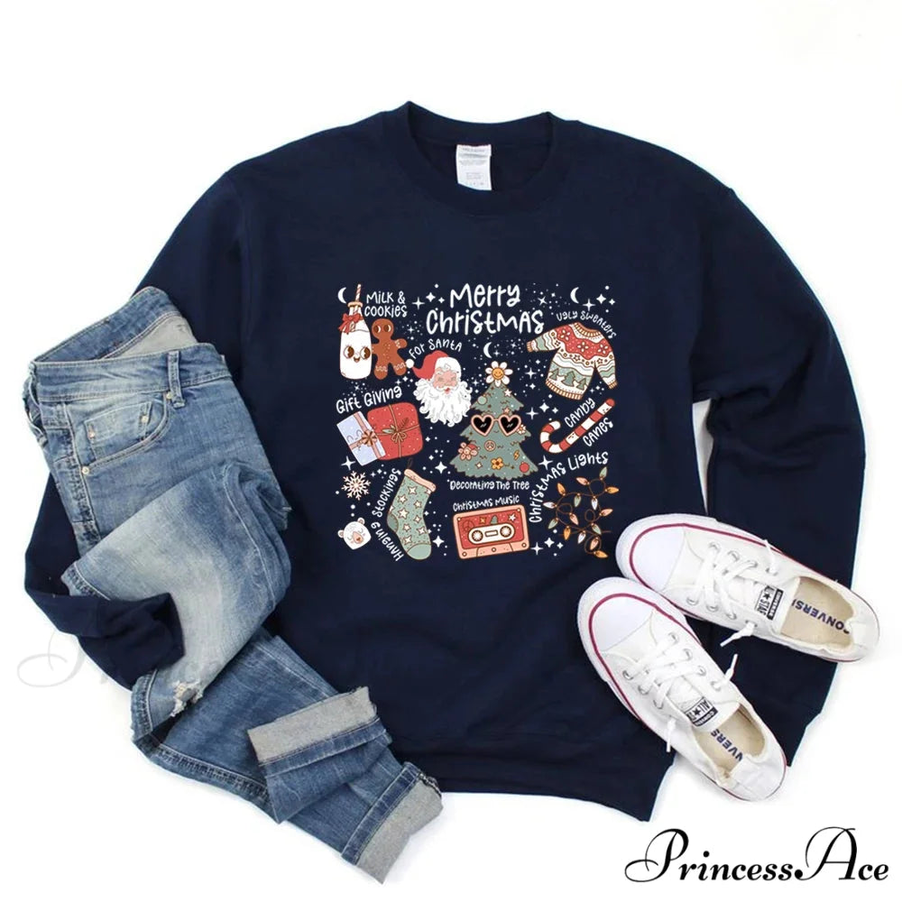 Retro Cheerful Aesthetic Santa Warm Hoodie Navy Blue / S