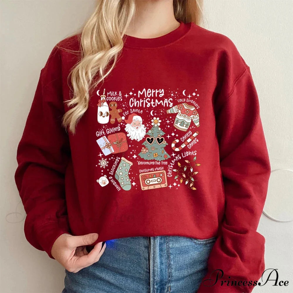 Retro Cheerful Aesthetic Santa Warm Hoodie WINE / S