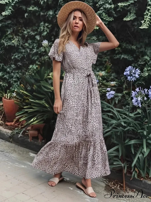 Retro Cheetah Pattern Bow Tie Bohemian Dress leopard / S bohodress-250126