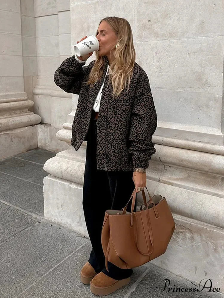 Retro Cheetah Pattern Zipper Jacket coats-241228