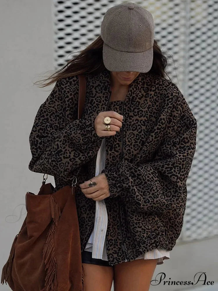 Retro Cheetah Pattern Zipper Jacket Leopard print / S coats-241228