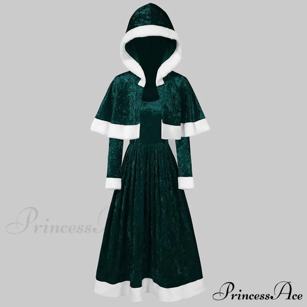 Retro Christmas Fashion O-neck Long Sleeve Two-piece Shawl Dress Dark Green / S