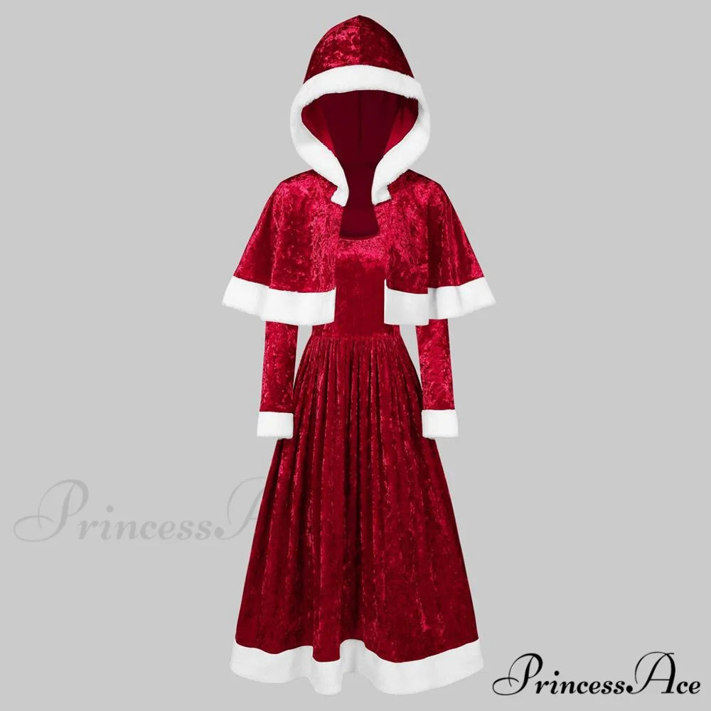 Retro Christmas Fashion O-neck Long Sleeve Two-piece Shawl Dress Red / S