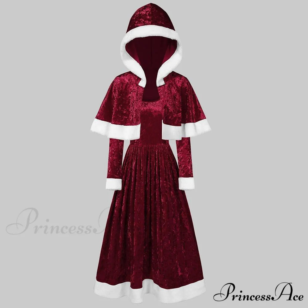 Retro Christmas Fashion O-neck Long Sleeve Two-piece Shawl Dress wine red / S