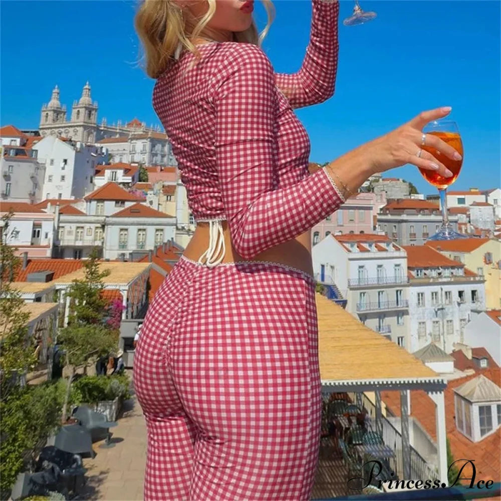 Retro Cottage Trim Fit T-shirt Checkered Tie Front Crop Top Low Waist Pants Two Pieces Set twopiecesset-250126