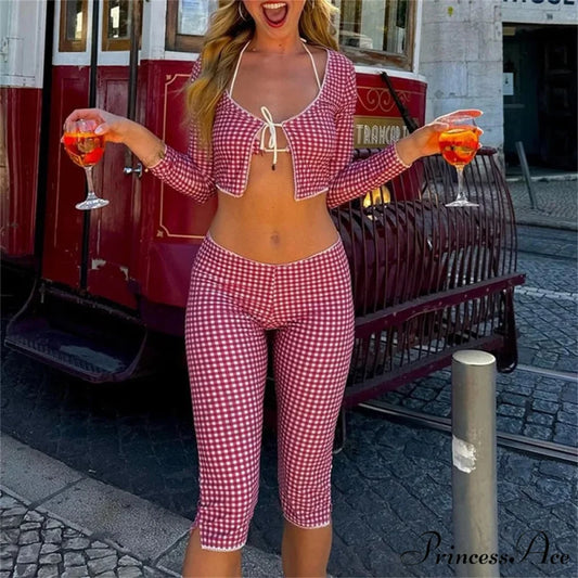 Retro Cottage Trim Fit T-shirt Checkered Tie Front Crop Top Low Waist Pants Two Pieces Set twopiecesset-250126