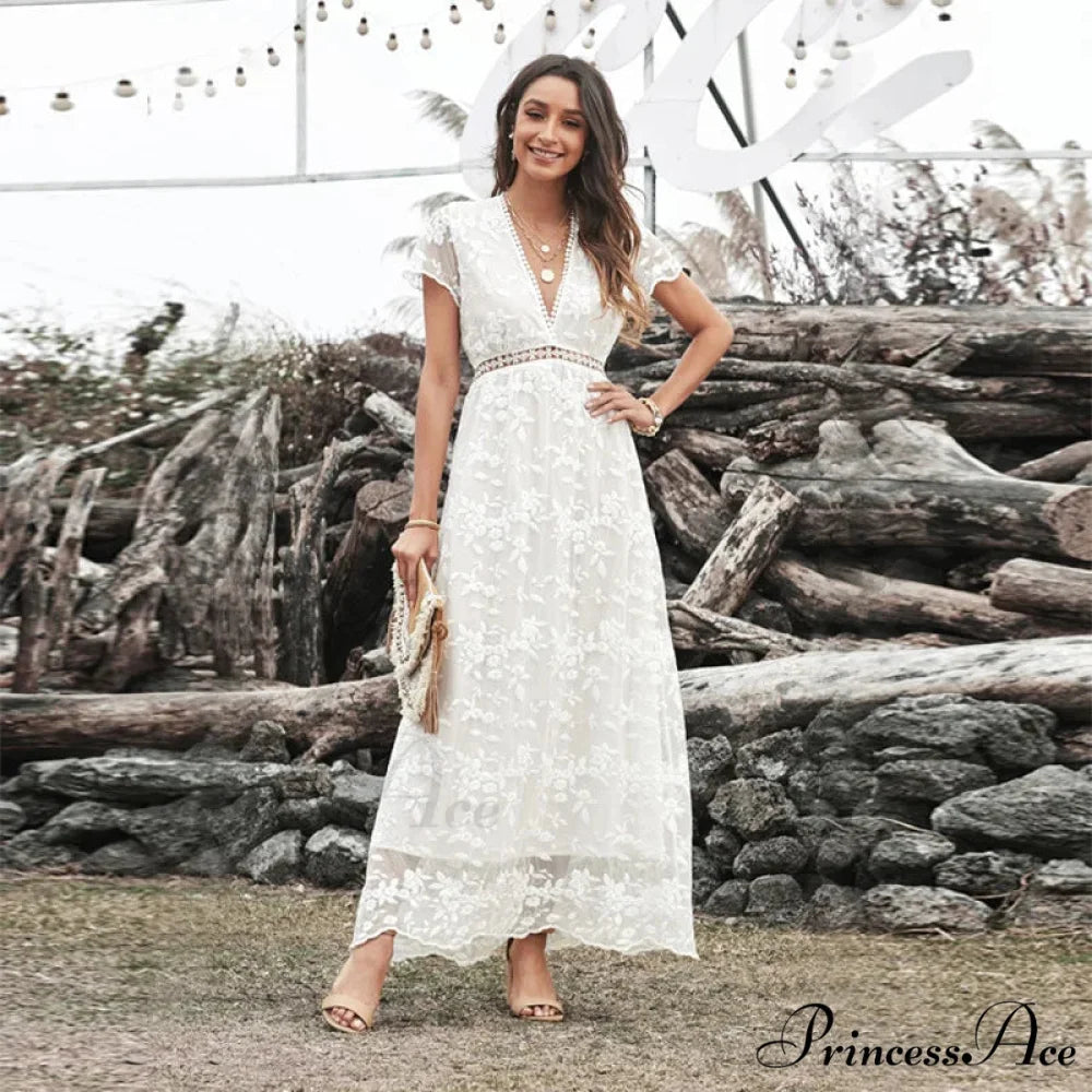 Retro Deep Plunging Neckline Short Sleeve Dress bohodress-250126