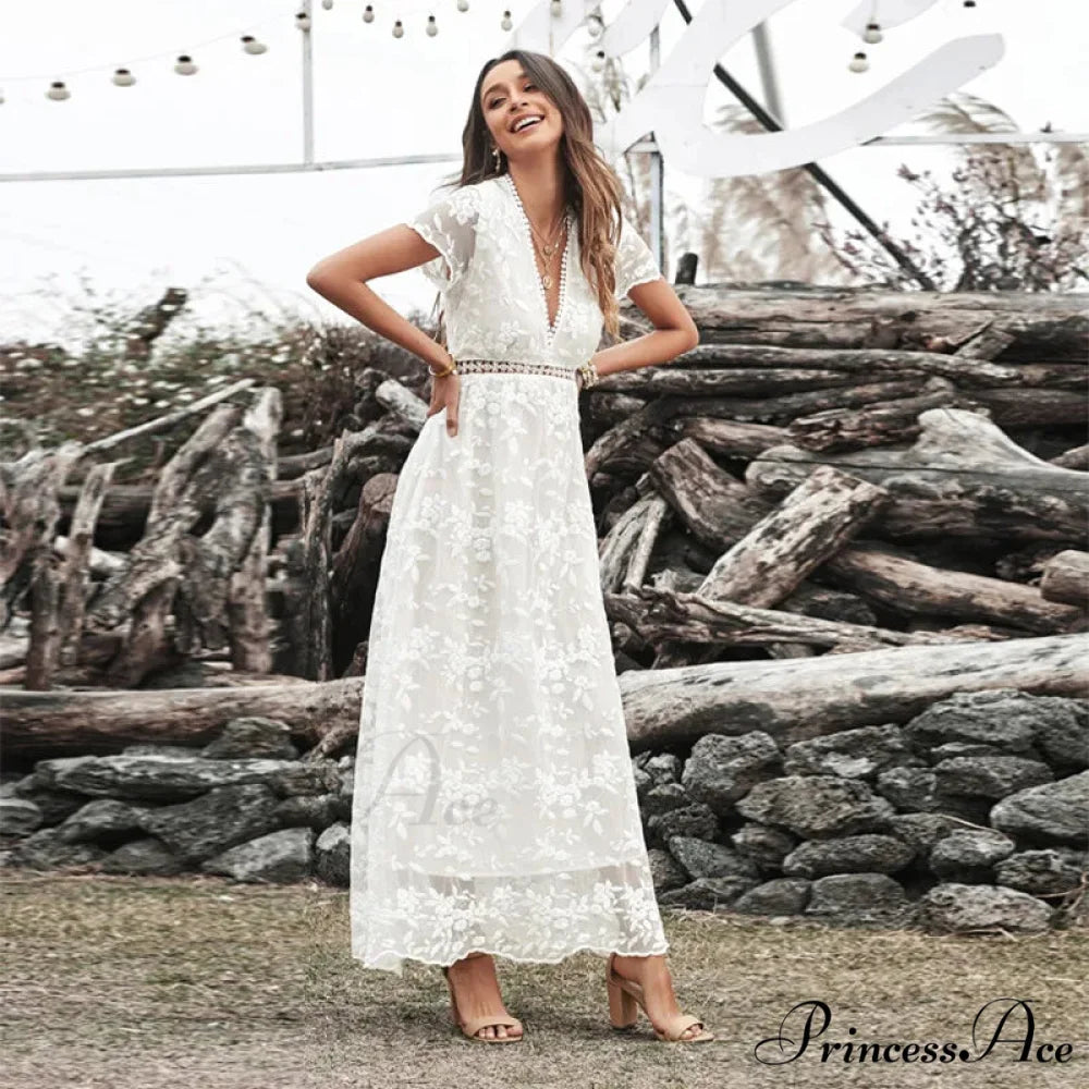 Retro Deep Plunging Neckline Short Sleeve Dress bohodress-250126