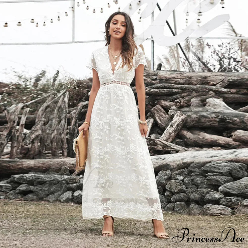 Retro Deep Plunging Neckline Short Sleeve Dress bohodress-250126