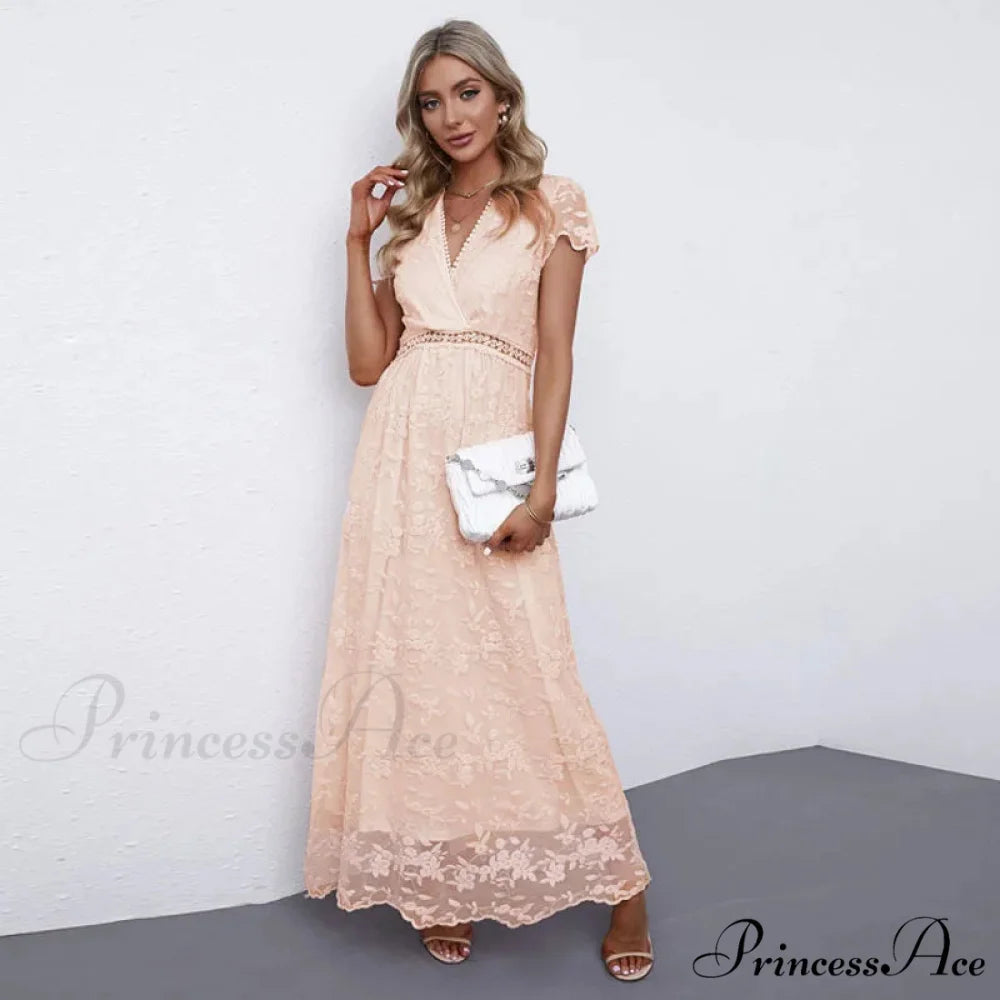 Retro Deep Plunging Neckline Short Sleeve Dress Pink / S bohodress-250126