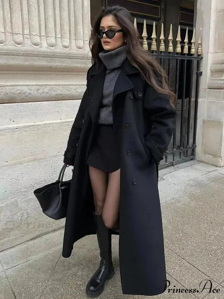 Retro Dual-Breasted Folded Collar Overcoat Black / S overcoats-241228