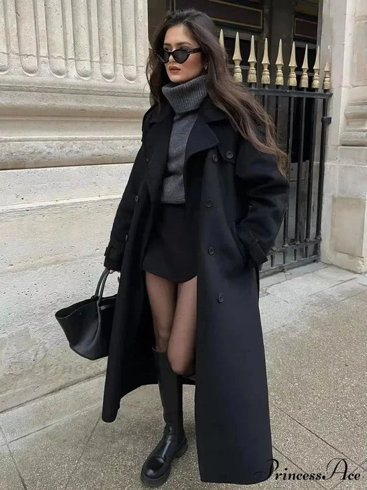 Retro Dual-Breasted Folded Collar Overcoat Black / S overcoats-241228