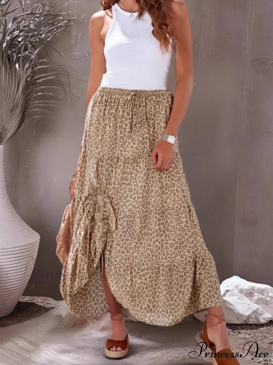 Retro Elegant Bohemian Leopard Print Fold Style High Stretch A-Line Skirt YELLOOW / S skirt-250126
