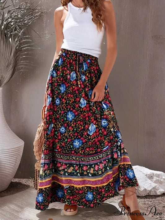 Retro Elegant Crimson Flowered Printed Seaside Bohemian Rayon Pleated A-Line Skirt Blue / M skirt-250126
