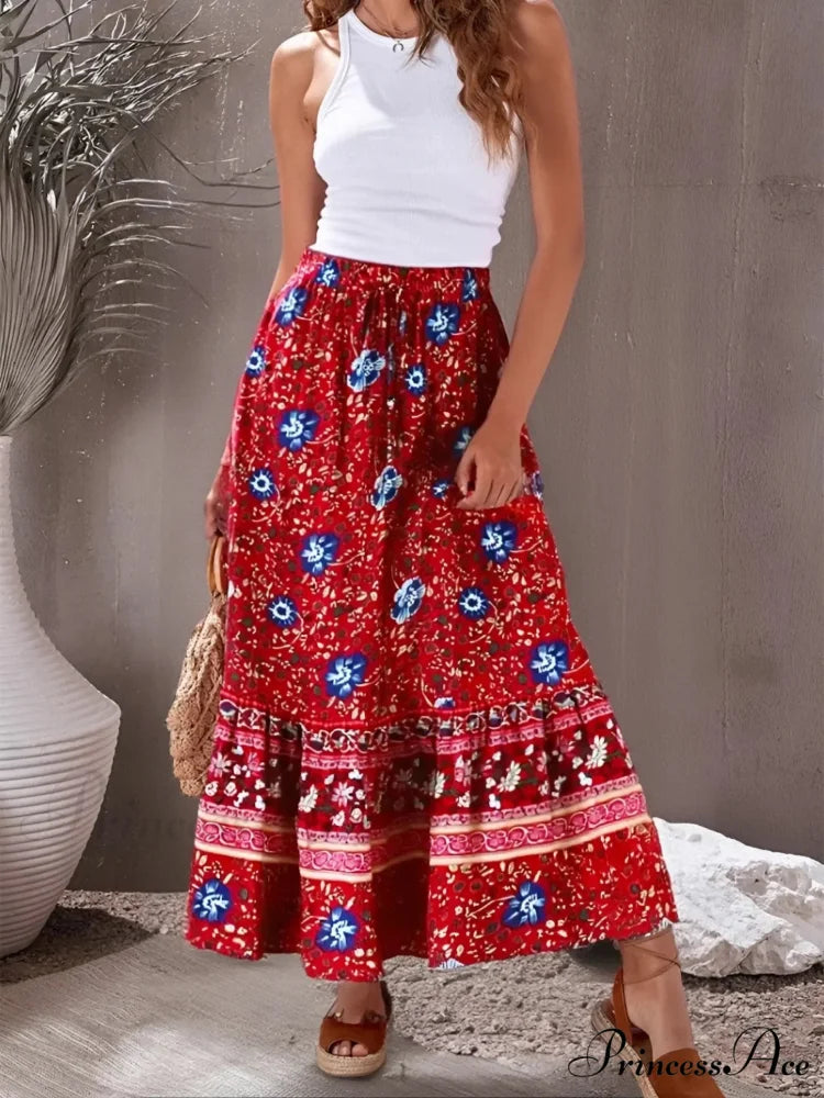 Retro Elegant Crimson Flowered Printed Seaside Bohemian Rayon Pleated A-Line Skirt Red / M skirt-250126