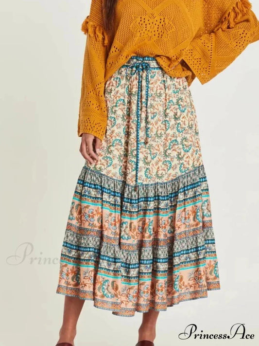 Retro Elegant Hippie Floral Peacock Printed High Waist Rayon A-Line Midi Boho Skirt kahaki / S skirt-250126